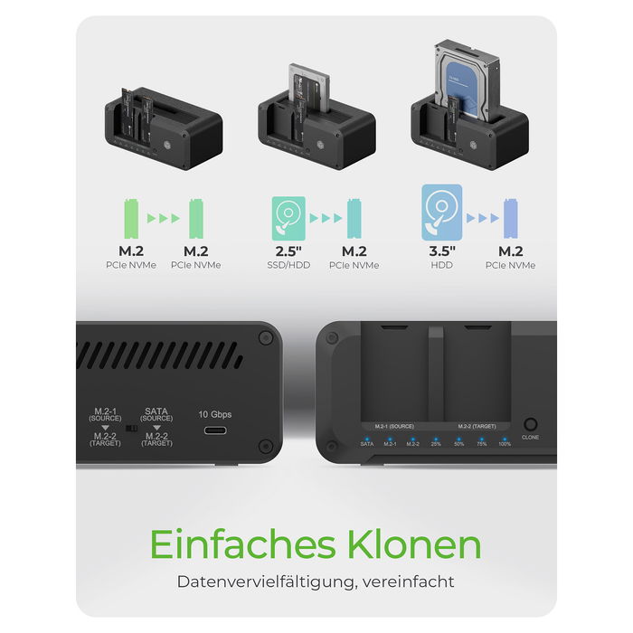 ICY BOX IB-2924MSCL-C31 USB-C 3.2 Gen 2 Docking Station y Clonación para 2.5"/3.5" SATA HDD y M.2 NVMe SSD