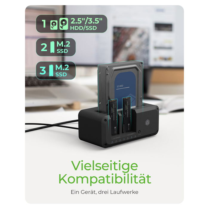 ICY BOX IB-2924MSCL-C31 USB-C 3.2 Gen 2 Docking Station y Clonación para 2.5"/3.5" SATA HDD y M.2 NVMe SSD