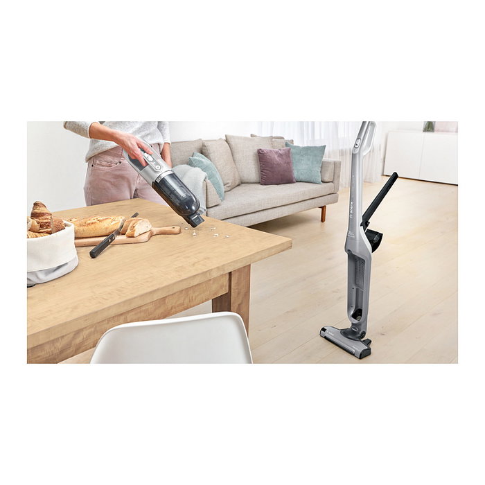 Bosch BBH 3 K 2801 Aspiradora Escoba 2 en 1 Sin Bolsa para Secar, Plata, Batería de Litio 55 Min, Con Boquilla Estrecha