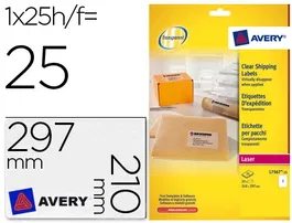 Avery Etiquetas Adhesivas Transparentes 210x297 mm Poliéster Resistente Caja 25 Unidades