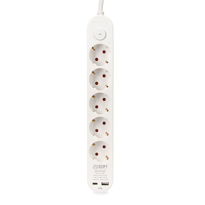 EDM Base Múltiple 5 Tomas Schuko con Interruptor y 2 Puertos USB A+C - Cable 1.5m H05VV-F 3G1.5mm², 16A 250V, 3680W Máx, Color Blanco EDM Base Múltiple 5 Tomas Schuko con Interruptor y 2 Puertos USB A+C - Cable 1.5m H05VV-F 3G1.5mm², 16A 250V, 3680W Máx, Color Blanco