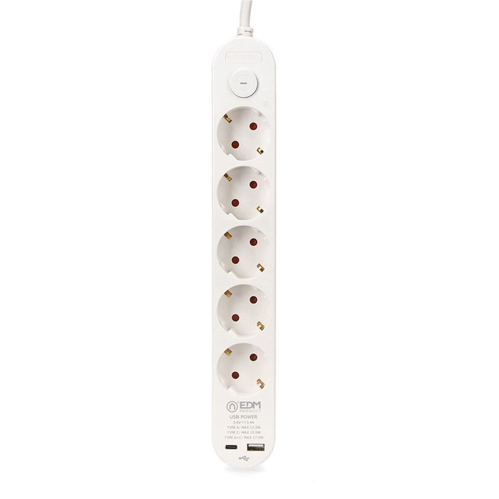 Edm Base múltiple de 5 tomas Schuko con interruptor y 2 USB (A + C), Blanca
