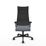 Sillón Albacete con mecanismo Sincro tapizada con Tela color Gris y malla color Negro. Equipado con Base nailon negra, Brazos 1D y Ruedas 65mm nailon