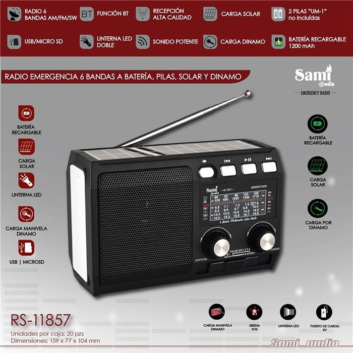 SAMI Radio de Emergencia Multimedia 6 Bandas, Alimentación por Batería y Solar