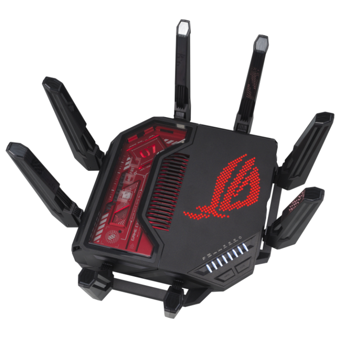 ASUS ROG Rapture GT-BE19000 Router de Sobremesa Tribanda Wi-Fi 7 (802.11be) Hasta 19000 Mbit/s con 7 Puertos Multi-Gigabit Ethernet, Negro y Rojo