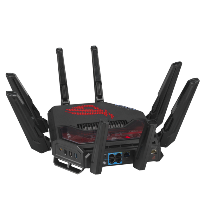ASUS ROG Rapture GT-BE19000 Router de Sobremesa Tribanda Wi-Fi 7 (802.11be) Hasta 19000 Mbit/s con 7 Puertos Multi-Gigabit Ethernet, Negro y Rojo