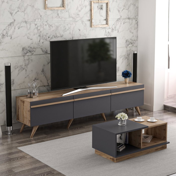 Hanah Home Amsterdam Conjunto de Muebles de Salón con Soporte TV 180cm y Mesa Centro 90cm en Antracita y Nogal