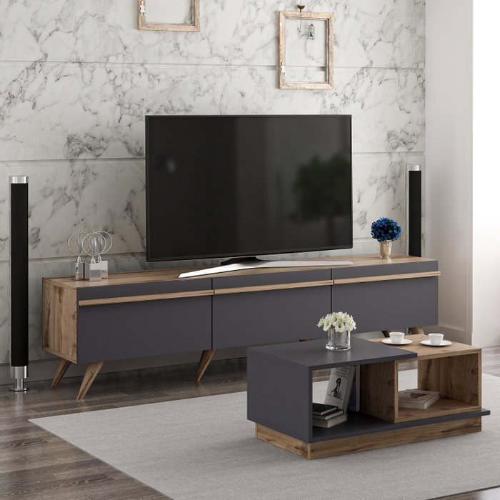 Hanah Home Amsterdam Conjunto de Muebles de Salón con Soporte TV 180cm y Mesa Centro 90cm en Antracita y Nogal