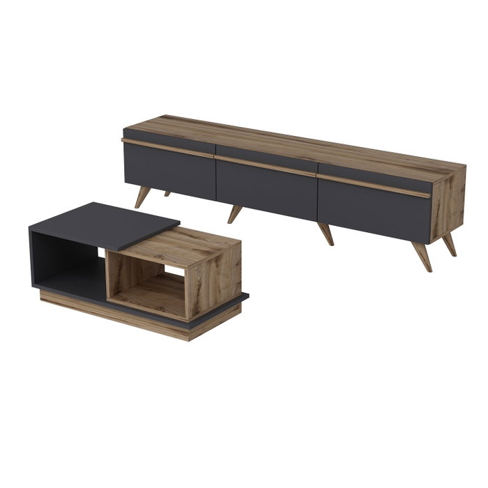 Hanah Home Amsterdam Conjunto de Muebles de Salón con Soporte TV 180cm y Mesa Centro 90cm en Antracita y Nogal