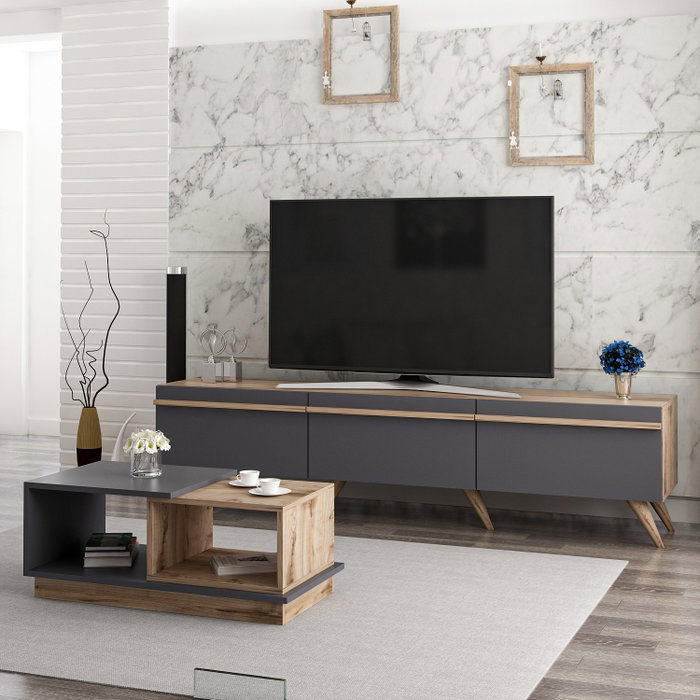 Hanah Home Amsterdam Conjunto de Muebles de Salón con Soporte TV 180cm y Mesa Centro 90cm en Antracita y Nogal