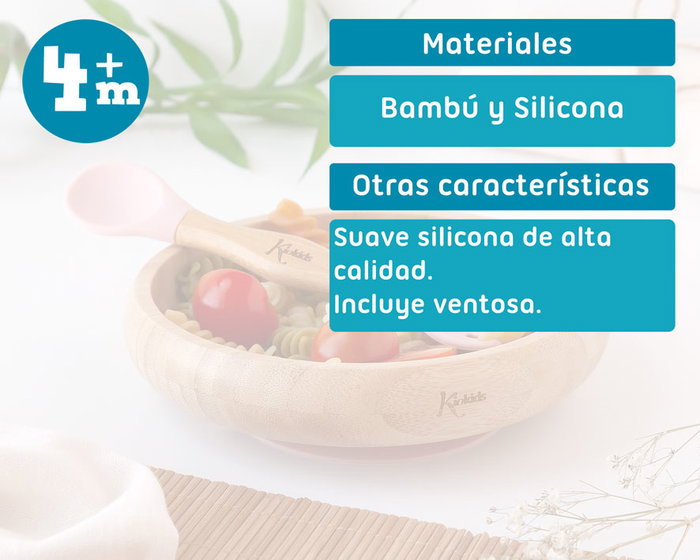 KioKids Ecofriendly Set Vajilla Silicona Y Bambú Rosa Con Cuchara-Tenedor +4 meses