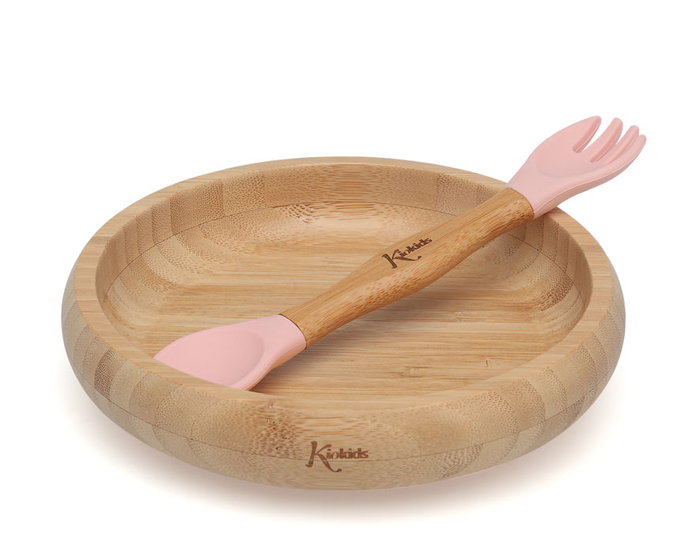 KioKids Ecofriendly Set Vajilla Silicona Y Bambú Rosa Con Cuchara-Tenedor +4 meses