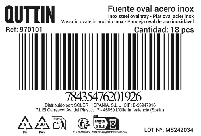 Quttin Fuente Oval AC Light 30.5cm (Pack de 18) <br>Dimensions: 29.7x19.7x2 cm