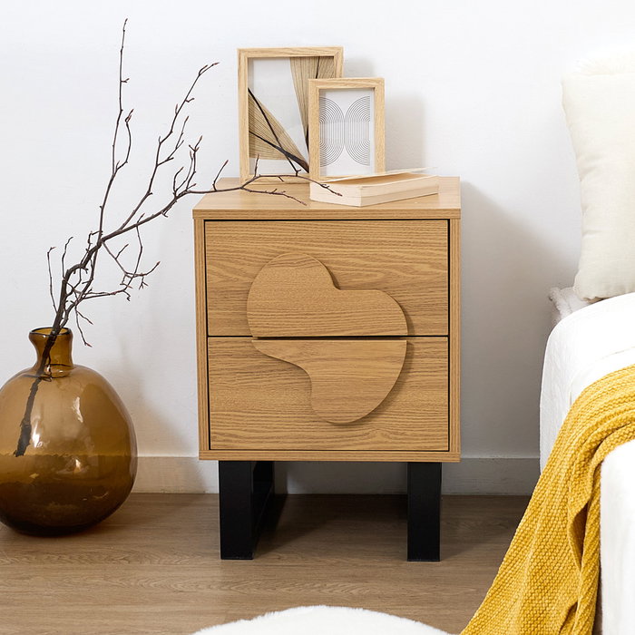 Home Deco Factory Mesita de Noche Calypso - Contemporain, Panel de Partículas y MDF, Patas de Hierro, 2 Cajones