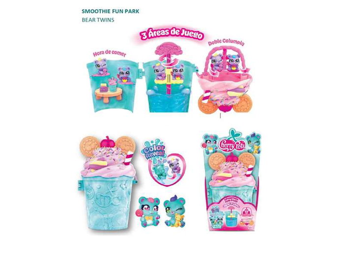 Magic Box Smoothie Fun Parks Bear Twins con tres áreas de juego. Incluye 2 Figuras Cherry Pets. Dimensiones 18,5x20x10,6 cm