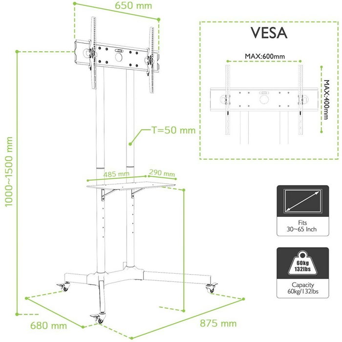Techly ICA-TR6 Soporte de TV Móvil para Pantallas de 30 a 65 Pulgadas
