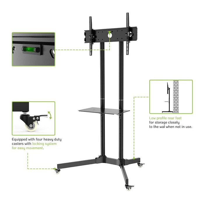 Techly ICA-TR6 Soporte móvil con ruedas para TV, altura ajustable, compatible con pantallas LCD/LED de 30" a 65" (76-165 cm), soporte VESA, carga hasta 60 kg, color negro