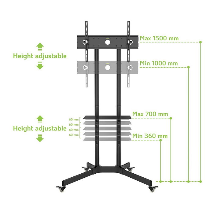 Techly ICA-TR6 Soporte móvil con ruedas para TV, altura ajustable, compatible con pantallas LCD/LED de 30" a 65" (76-165 cm), soporte VESA, carga hasta 60 kg, color negro