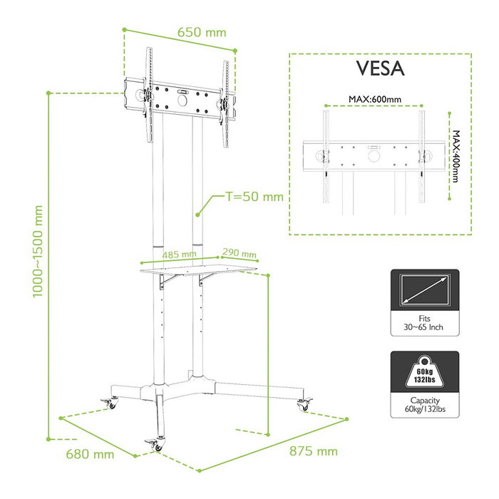 Techly ICA-TR6 Soporte móvil con ruedas para TV, altura ajustable, compatible con pantallas LCD/LED de 30" a 65" (76-165 cm), soporte VESA, carga hasta 60 kg, color negro