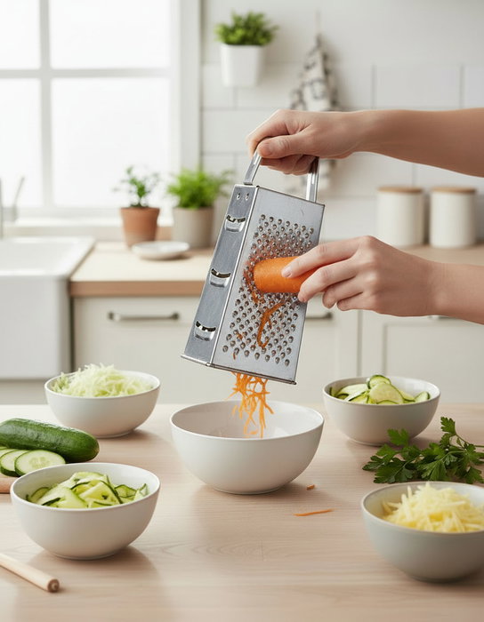 Inde Rallador de Cocina Multiusos 4 Caras de Acero Inoxidable para Queso Verduras, 21 cm (24 Unidades)