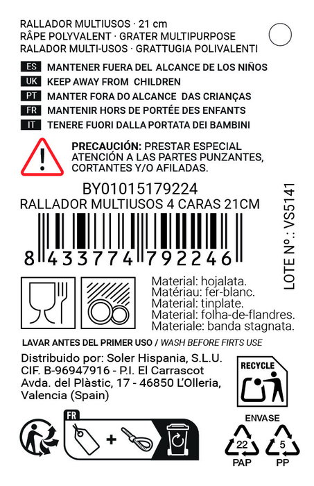 Inde Rallador de Cocina Multiusos 4 Caras de Acero Inoxidable para Queso Verduras, 21 cm (24 Unidades)