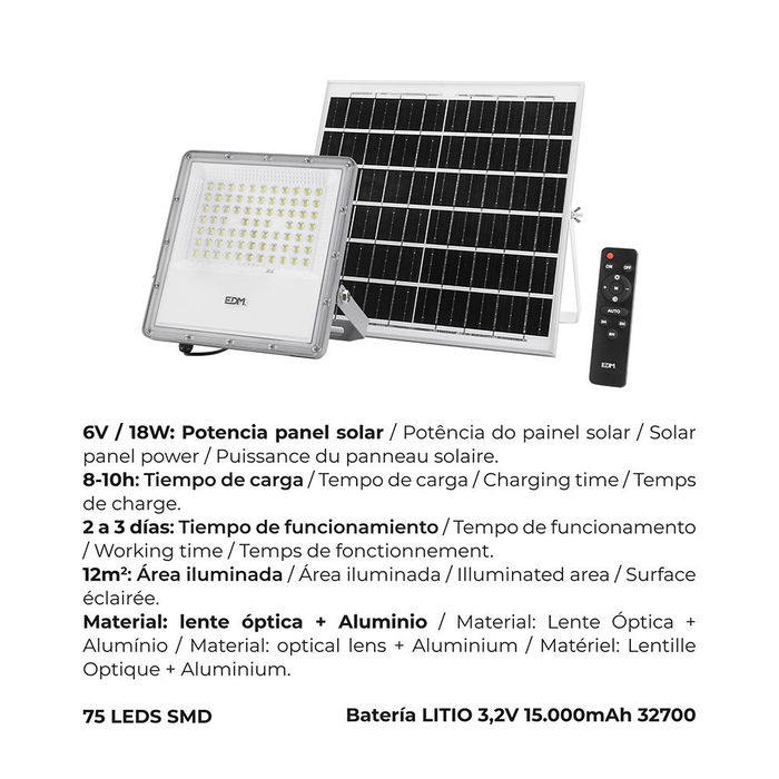EDM Foco Proyector LED Solar 200W 1500LM 6500K Luz Fría IP65, con Panel Solar, Batería 15000mAh, Autonomía 2-3 Días, Mando a Distancia y Encendido Automático EDM Foco Proyector LED Solar 200W 1500LM 6500K Luz Fría IP65, con Panel Solar, Batería 15000mAh, Autonomía 2-3 Días, Mando a Distancia y Encendido Automático