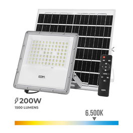 EDM Foco Proyector LED Solar 200W 1500LM 6500K Luz Fría IP65, con Panel Solar, Batería 15000mAh, Autonomía 2-3 Días, Mando a Distancia y Encendido Automático