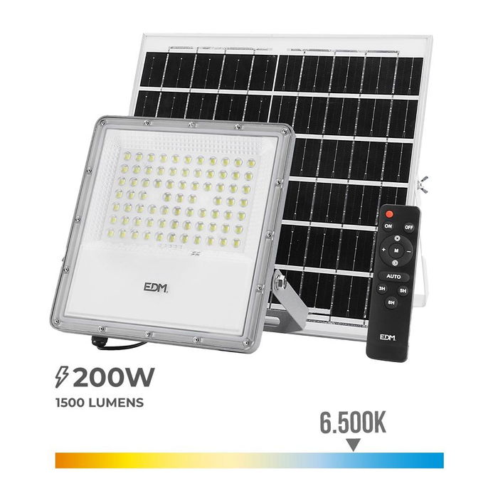 EDM Foco Proyector LED Solar 200W 1500LM 6500K Luz Fría IP65, con Panel Solar, Batería 15000mAh, Autonomía 2-3 Días, Mando a Distancia y Encendido Automático EDM Foco Proyector LED Solar 200W 1500LM 6500K Luz Fría IP65, con Panel Solar, Batería 15000mAh, Autonomía 2-3 Días, Mando a Distancia y Encendido Automático