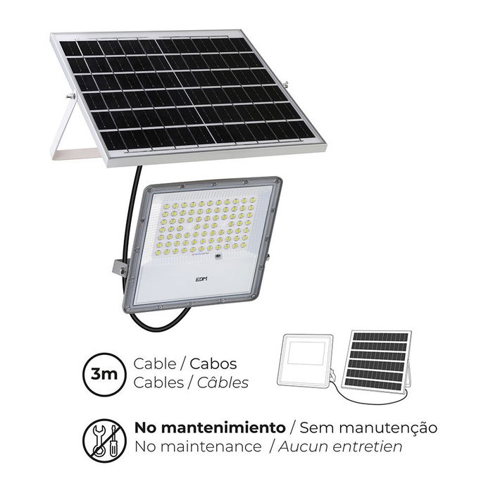 EDM Foco Proyector LED Solar 200W 1500LM 6500K Luz Fría IP65, con Panel Solar, Batería 15000mAh, Autonomía 2-3 Días, Mando a Distancia y Encendido Automático EDM Foco Proyector LED Solar 200W 1500LM 6500K Luz Fría IP65, con Panel Solar, Batería 15000mAh, Autonomía 2-3 Días, Mando a Distancia y Encendido Automático