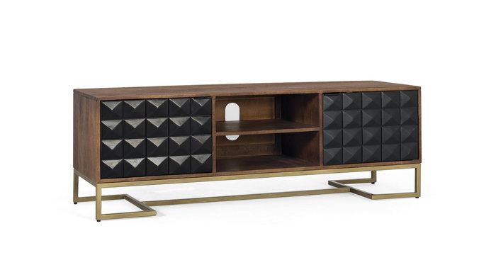 GINER Y COLOMER Mueble para TV 150 cm Madera de Mango Avellana, Puertas Negras con Diseño Geométrico y Patas Doradas