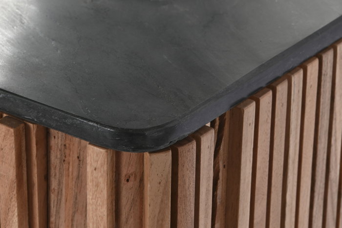 DKD Home Decor Mueble TV Moderno Listones Marmol Negro Marron Natural Acacia Marmol 4 Puertas 145 x 60 x 45 cm