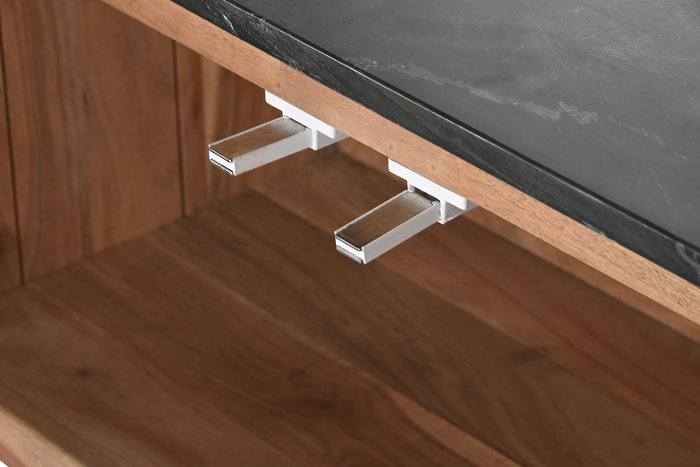 DKD Home Decor Mueble TV Moderno Listones Marmol Negro Marron Natural Acacia Marmol 4 Puertas 145 x 60 x 45 cm