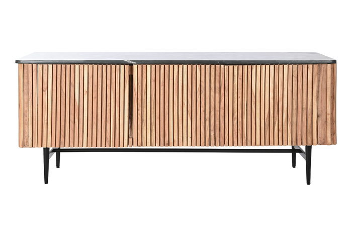 DKD Home Decor Mueble TV Moderno Listones Marmol Negro Marron Natural Acacia Marmol 4 Puertas 145 x 60 x 45 cm