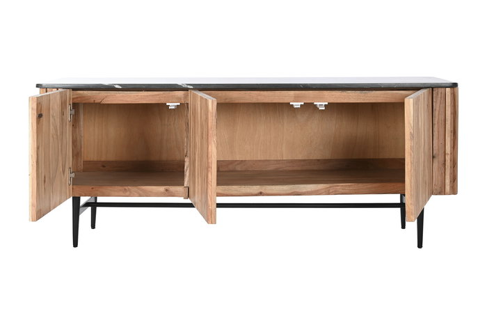 DKD Home Decor Mueble TV Moderno Listones Marmol Negro Marron Natural Acacia Marmol 4 Puertas 145 x 60 x 45 cm