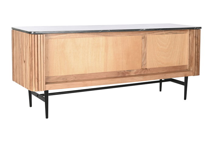DKD Home Decor Mueble TV Moderno Listones Marmol Negro Marron Natural Acacia Marmol 4 Puertas 145 x 60 x 45 cm