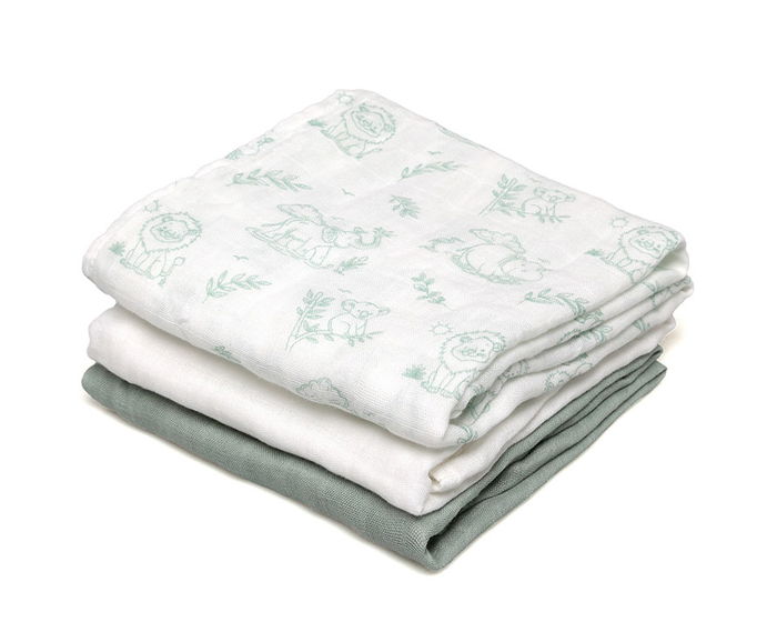 KioKids Set de 3 Muselinas 70x70 cm Verde, Blanco y Selva - Viscosa de Bambú y Algodón - Suaves, Termoclimáticas, Certificado Oeko-Tex Standard 100 para Bebés +0 Meses