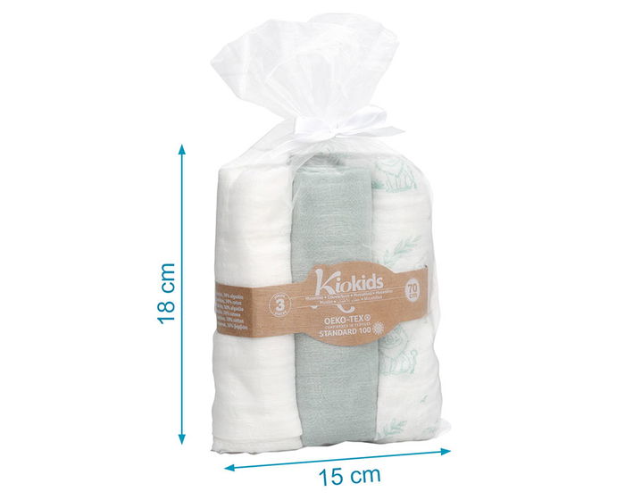 KioKids Set de 3 Muselinas 70x70 cm Verde, Blanco y Selva - Viscosa de Bambú y Algodón - Suaves, Termoclimáticas, Certificado Oeko-Tex Standard 100 para Bebés +0 Meses
