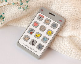 KioKids Mordedor Teléfono Gris para Bebé +4 meses, Silicona Libre de BPA, Estimula Encías