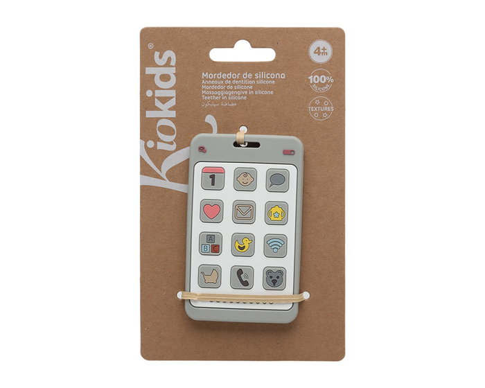 KioKids Mordedor Teléfono Gris para Bebé +4 meses, Silicona Libre de BPA, Estimula Encías