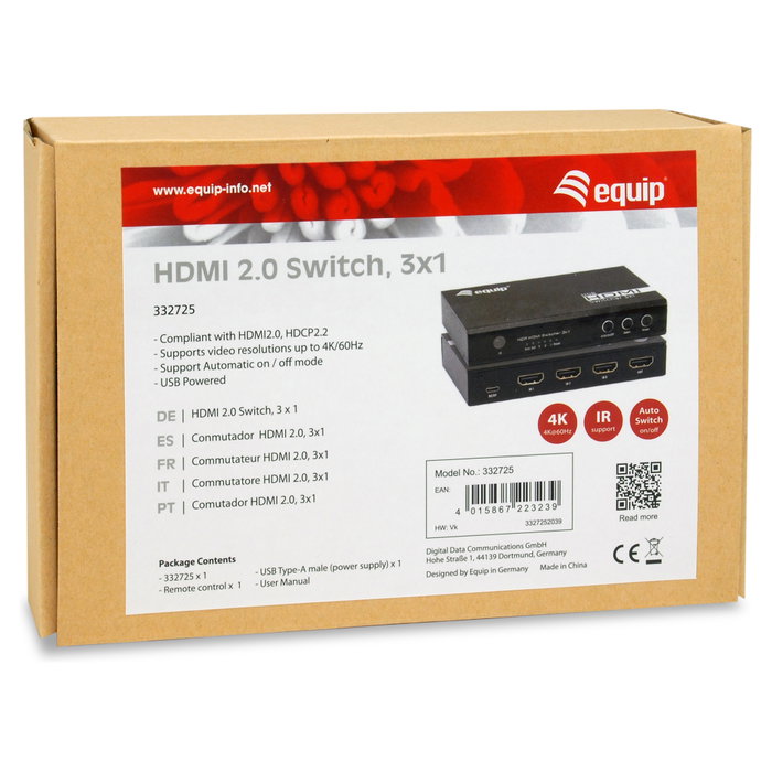 Equip Switch HDMI 2.0 3x1 4K/60Hz Negro Equip Switch HDMI 2.0 3x1 4K/60Hz Negro