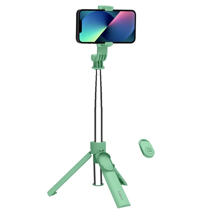 Celly CLICKSFSTICKGN Palo Selfie Inalámbrico Bluetooth con Trípode para Smartphone hasta 7", Telescópico, Mando a Distancia, Verde