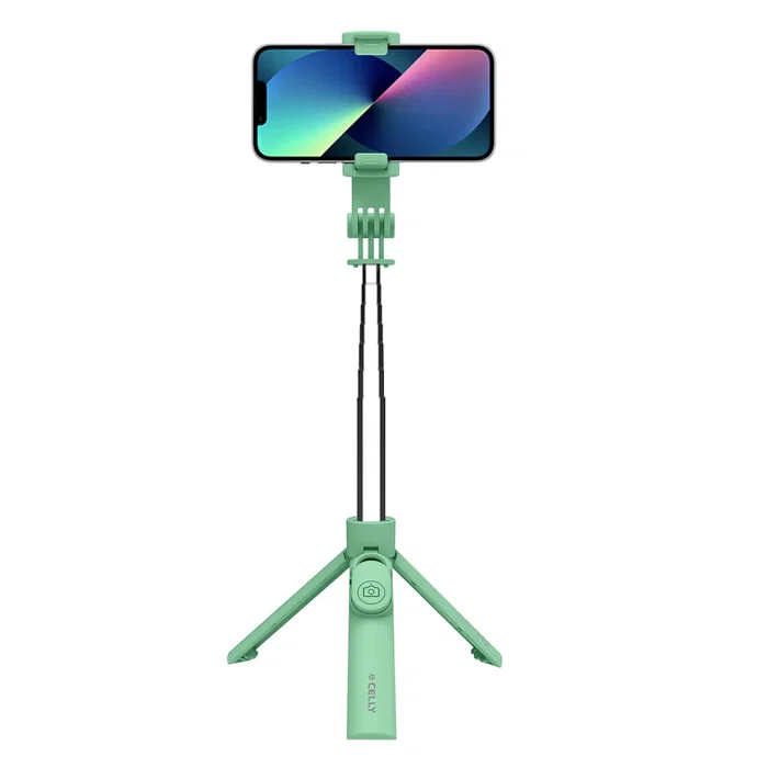 Celly CLICKSFSTICKGN Palo Selfie Inalámbrico Bluetooth con Trípode para Smartphone hasta 7", Telescópico, Mando a Distancia, Verde