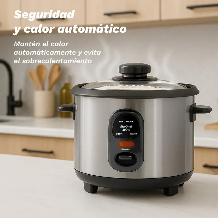 Grunkel RC-18L Arrocera con Capacidad 1.8 Litros, 700W, Acero Inoxidable, Función Mantener Caliente, Cuenco Antiadherente y Tapa de Cristal