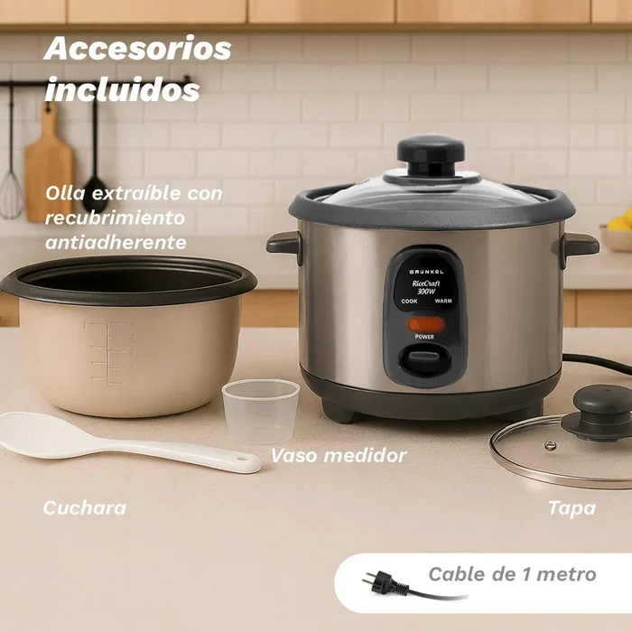 Grunkel RC-18L Arrocera con Capacidad 1.8 Litros, 700W, Acero Inoxidable, Función Mantener Caliente, Cuenco Antiadherente y Tapa de Cristal