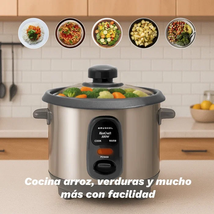 Grunkel RC-18L Arrocera con Capacidad 1.8 Litros, 700W, Acero Inoxidable, Función Mantener Caliente, Cuenco Antiadherente y Tapa de Cristal