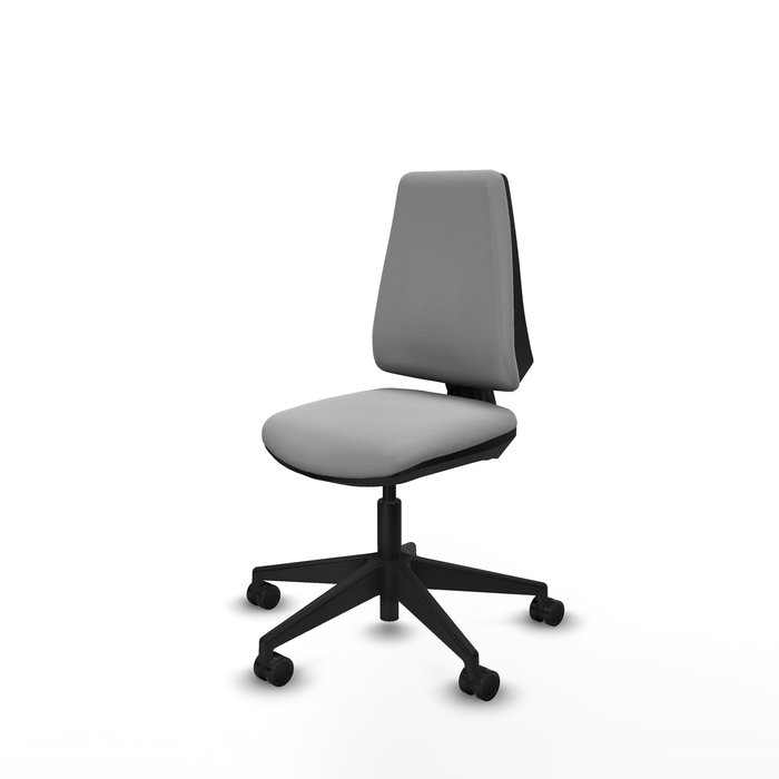 Silla de oficina Elche con mecanismo Contacto permanente básico tapizada con Similpiel color Gris claro. Equipada con Base piramidal negra, Sin brazos y Ruedas 65mm nailon