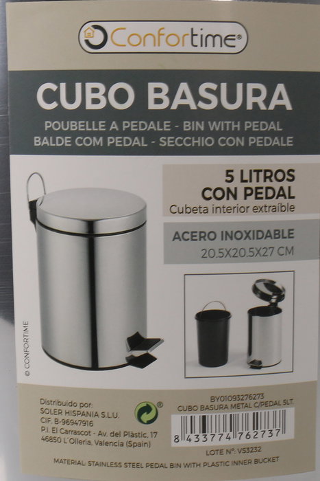 Confortime Cubo de Basura de Metal con Pedal 5 Litros - 20 cm de Ancho x 27.4 cm de Alto x 26 cm de Largo (6 Unidades)