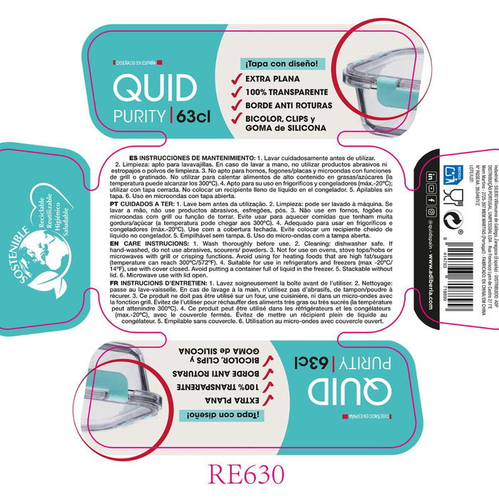 Recipiente Hermético Vidrio Purity Quid 17,6x13,2x6,4 cm - 63 cL (12 Unidades)