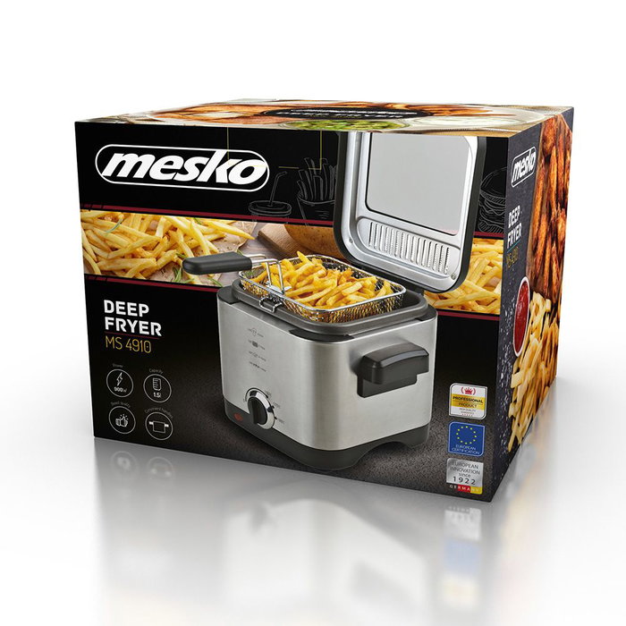 Mesko Freidora MS 4910, 1.5L, 900W, Acero Inoxidable, Tapa de Cristal, Cesta con Función de Elevación y Asa Plegable, Temperatura Regulable