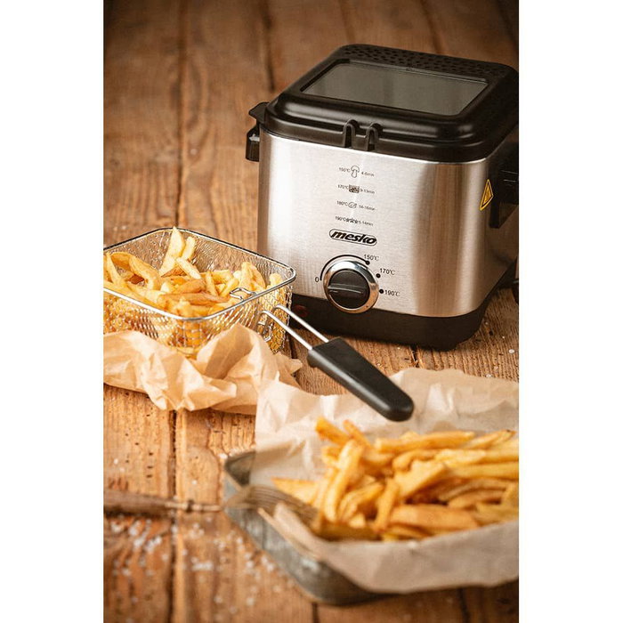 Mesko Freidora MS 4910, 1.5L, 900W, Acero Inoxidable, Tapa de Cristal, Cesta con Función de Elevación y Asa Plegable, Temperatura Regulable